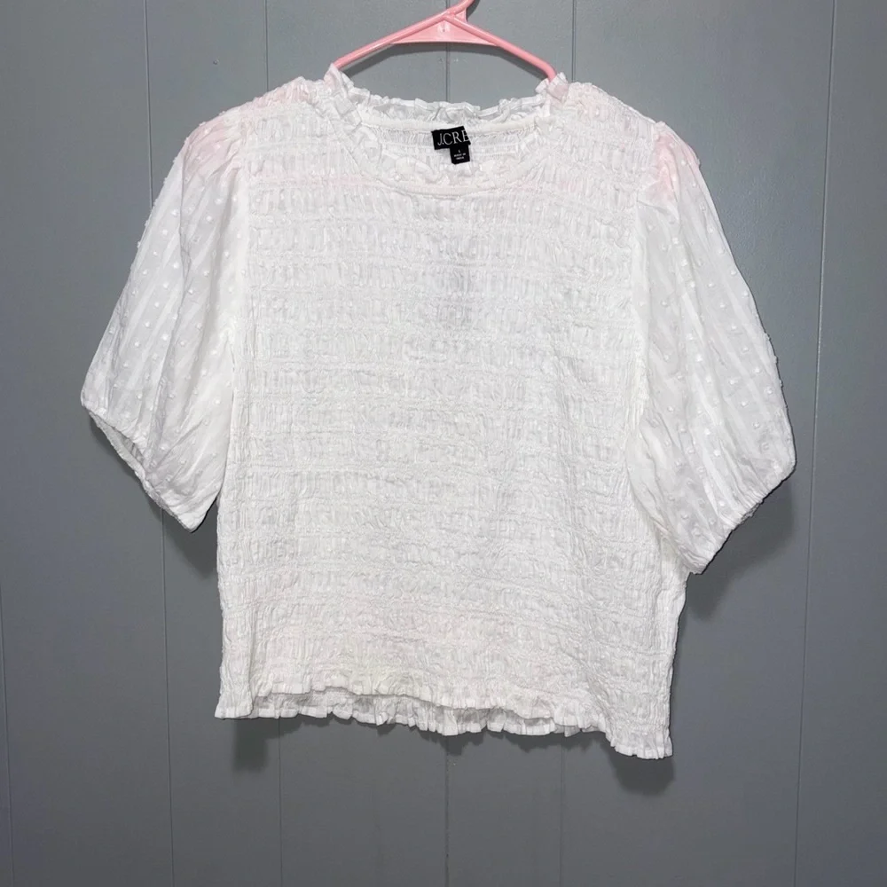 J. Crew Puff Sleeve Textured Voile Smocked White Short Sleeve Top Large NWT